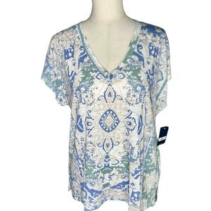 Lucky Brand Short Sleeve V-Neck Tee in Blue and Green Print